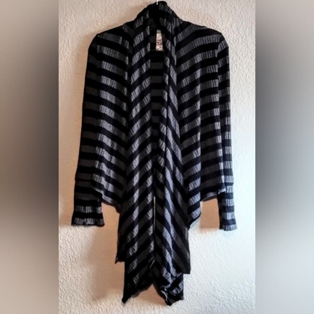 S-12 Authentic VINTAGE Black & Gray Stripes 90's Waterfall Open Cardigan Wrap M